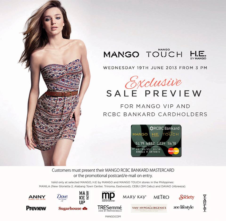 RCBC-Mango cardholders: Mango, Mango Touch, H.E. By Mango Exclusive Preview Sale June 2013