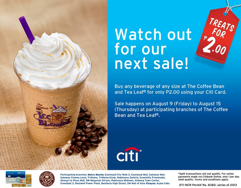 Citibank Php 2 Treat - The Coffee Bean and Tea Leaf Beverages August 2013