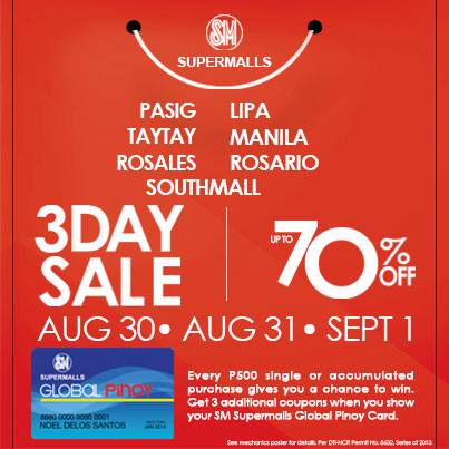 SM Supermalls (Pasig, Lipa, Taytay, Manila, Rosales, Rosario, Southmall) 3-Day Sale August - September 2013