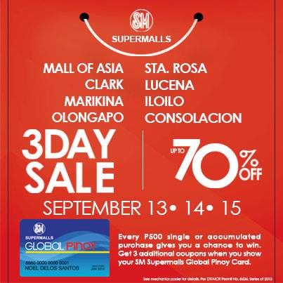 SM Supermalls (SM Mall of Asia, Marikina, Clark, Iloilo, Lucena, Olongapo, Consolacion & Sta. Rosa) 3-Day Sale September 2013