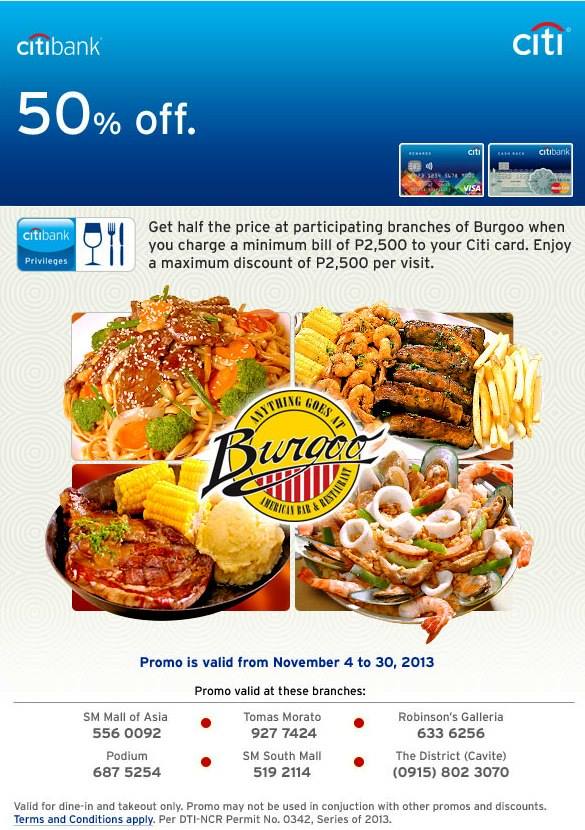 Citibank Promo: 50% off @ Burgoo November 2013