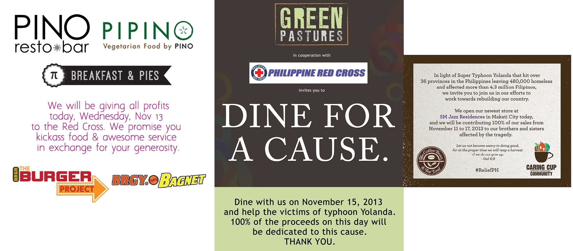 Yolanda Action Weekend - Green Pastures, CBTL, Pino Resto Bar & Pipino Vegetarian November 2013