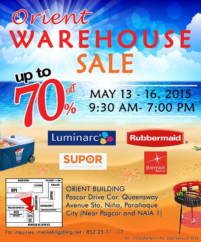 Orient Warehouse Sale (Rubbermaid, Supor, Luminarc) May 2015
