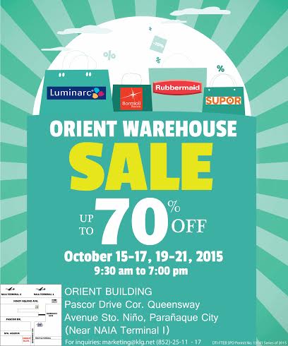 Orient Warehouse Sale (Rubbermaid, Supor, Luminarc) October 2015